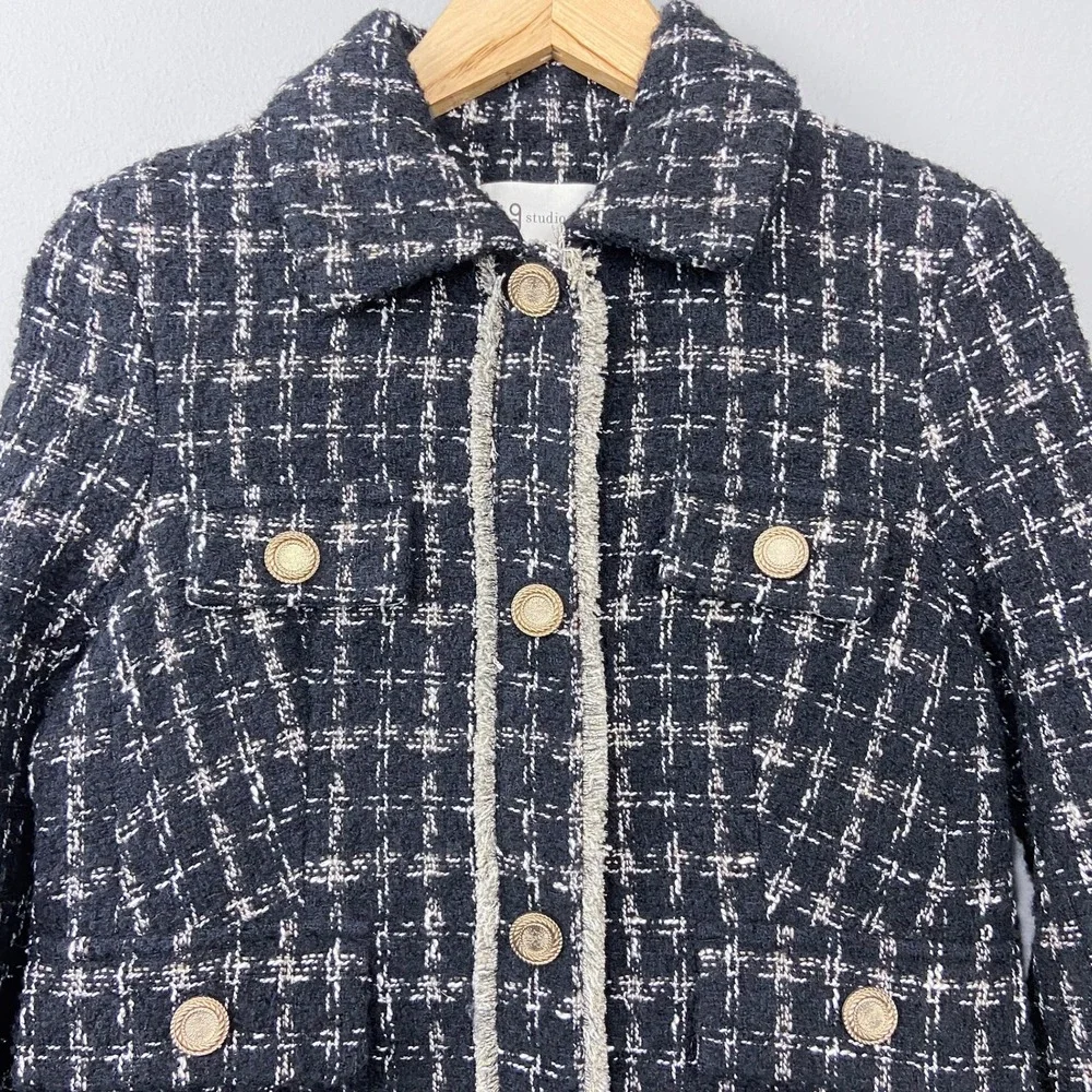gstudio Black Tweed Long Coat Size 55 US XS-S‎ Gold Buttons Gossip Girl Glam